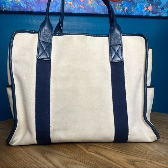 Michael Kors Canvas Leather Trimmed Large Tote Travel Bag Ivory Navy Blue - Picture 3 of 16